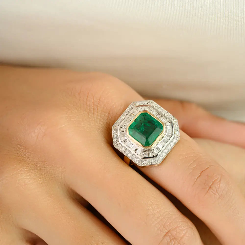 Precious Gemstone Cushion Cut Emerald & Diamond 14K Yellow Gold Bold Wedding Ring