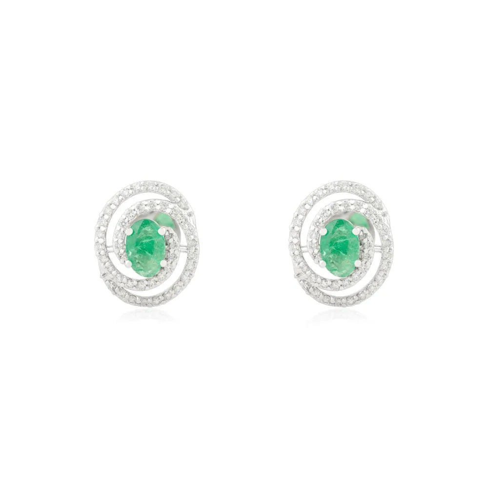 Unique Latest Design Emerald & Diamond Double Halo Spiral Stud Earrings 14K Gold Jewelry
