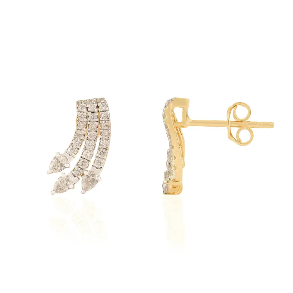 Unique Design Natural Diamond Wings Shape Stud Earrings 14K Real Yellow Gold Fine Jewelry