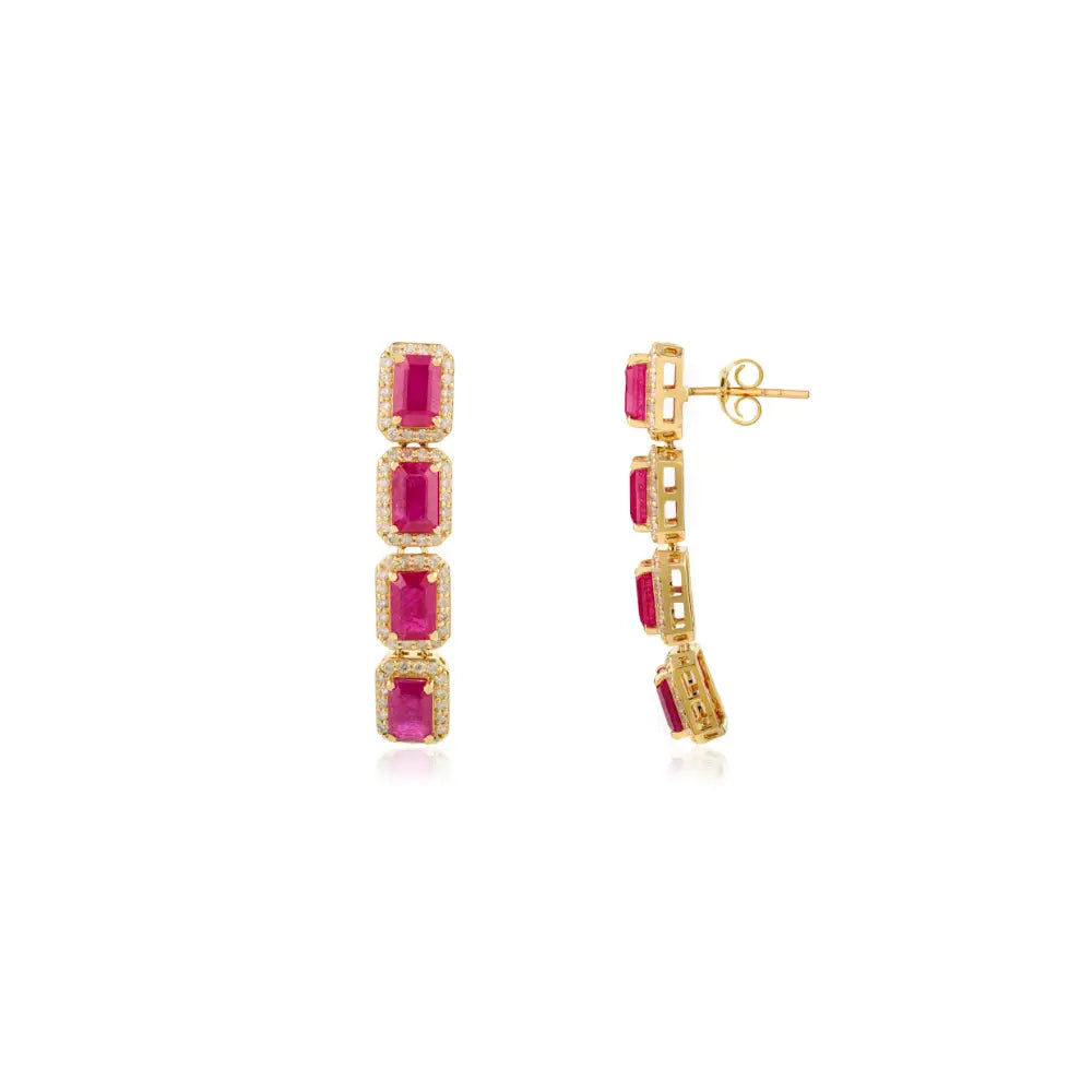 Bold Jewelry 14K Yellow Gold Ruby & Diamond Long Statement Dangle Earrings For Wedding