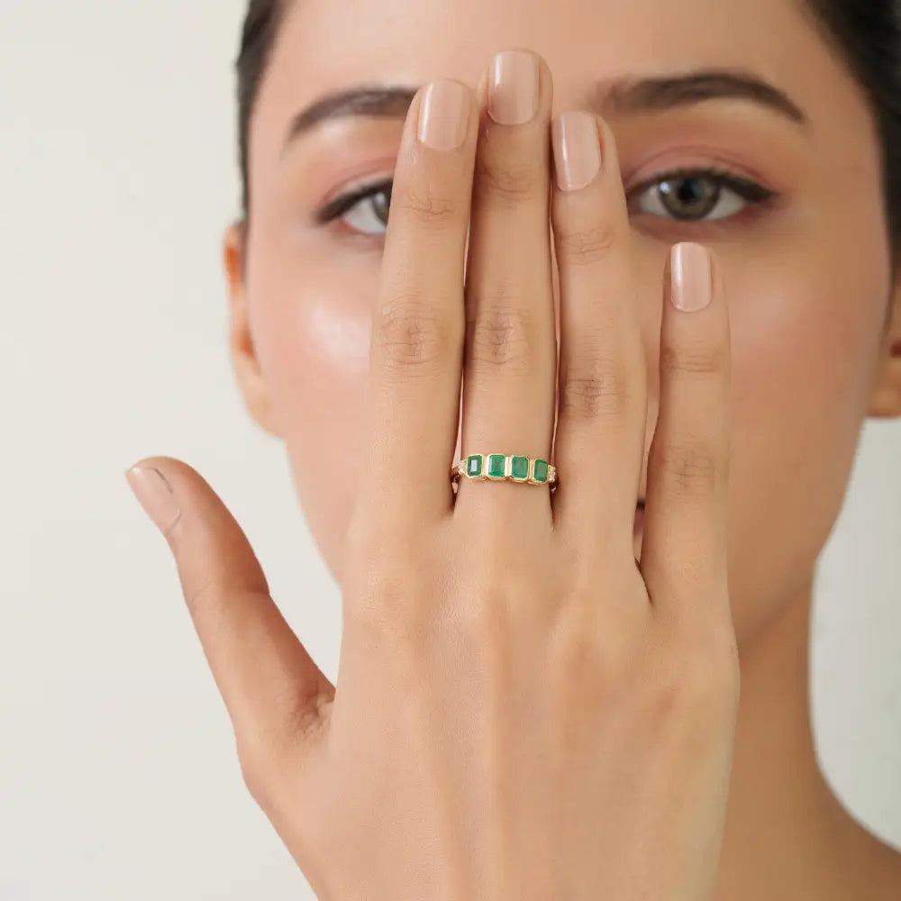 Bezel Set Emerald & Diamond Handmade Stackable Gemstone Ring K14 Solid Yellow Gold Jewelry