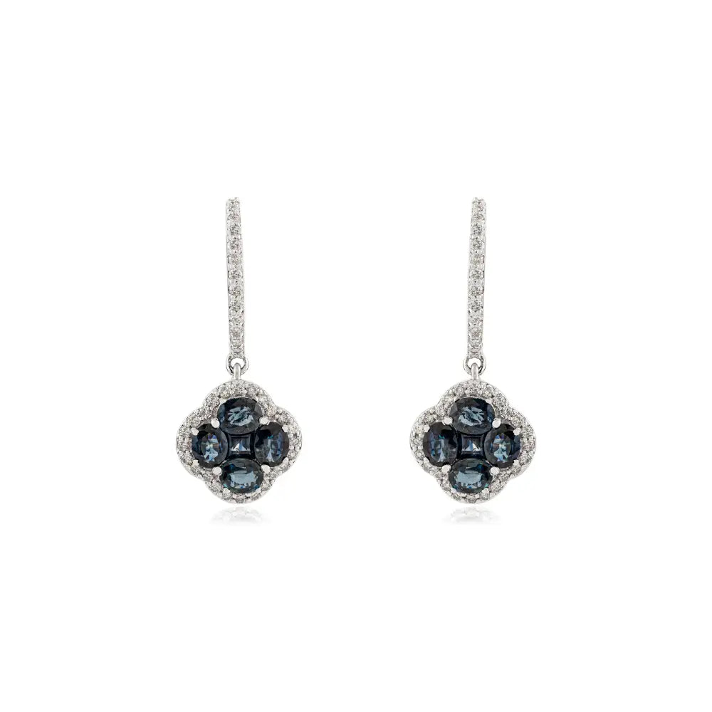 Trending K14 White Gold Blue Sapphire & Diamond Luxury Hoop Charm Clover Drop Earrings