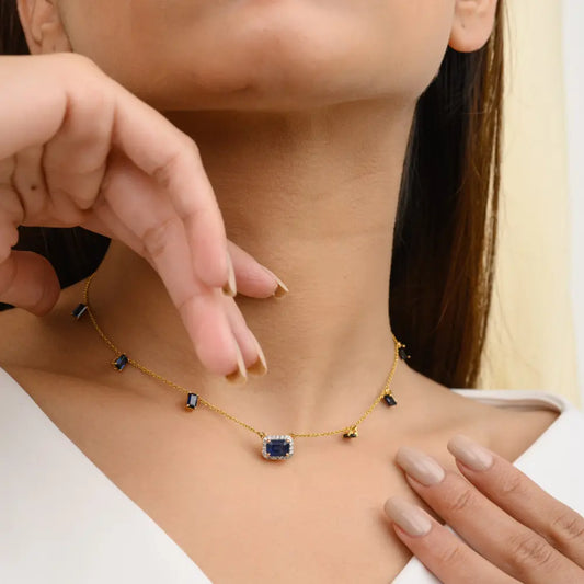 100% Natural Blue Sapphire & Diamond 14K Yellow Gold Necklace