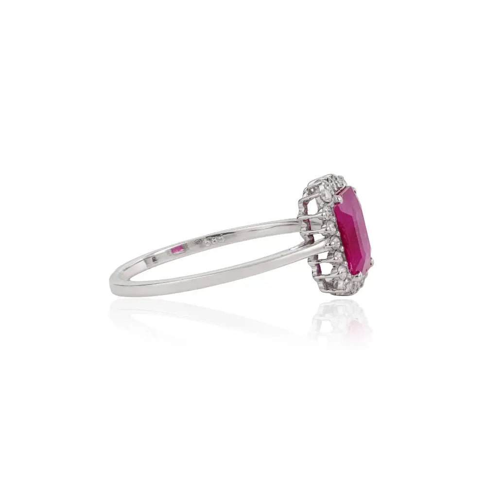 7x5mm Octagon Cut Ruby & Diamond Fine Cluster Ring Handmade 14K White Gold Jewelry
