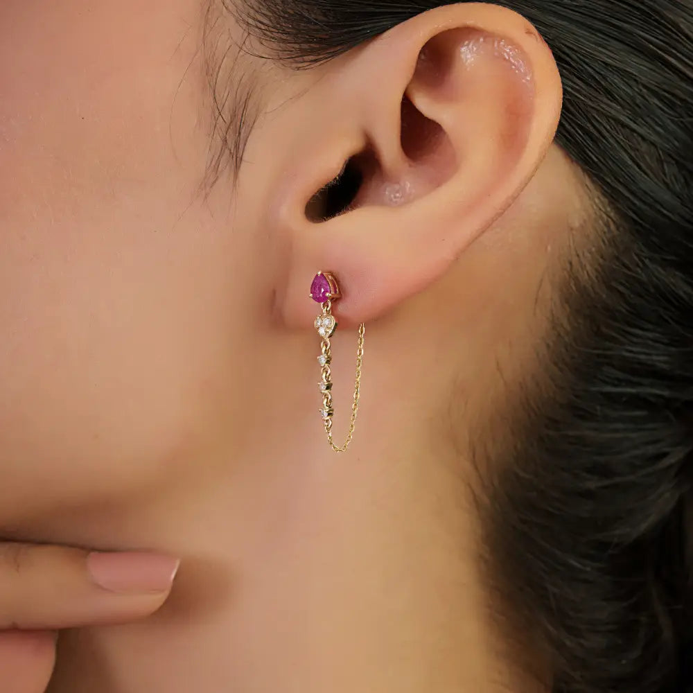 Precious Gemstone Ruby & Diamond Chain Loop Drop Earrings Solid K14 White Gold Jewelry