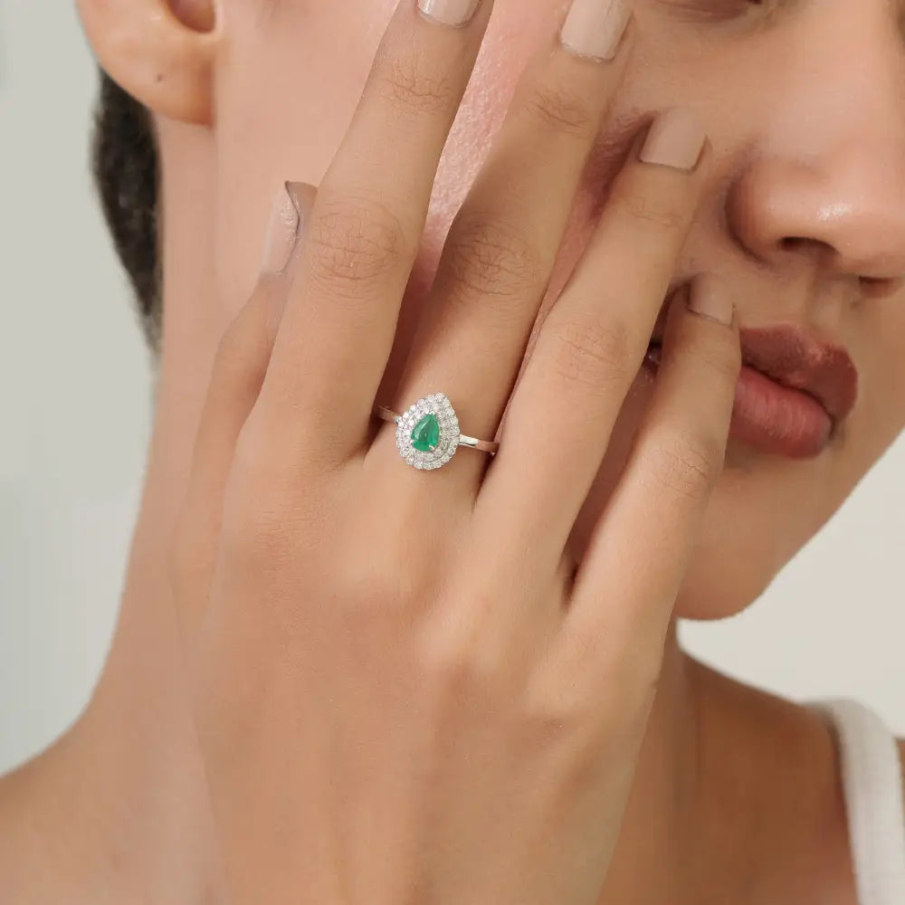 6x4 mm Emerald & Diamond Pear Shape Double Cluster Ring Classic 14K White Gold Jewelry