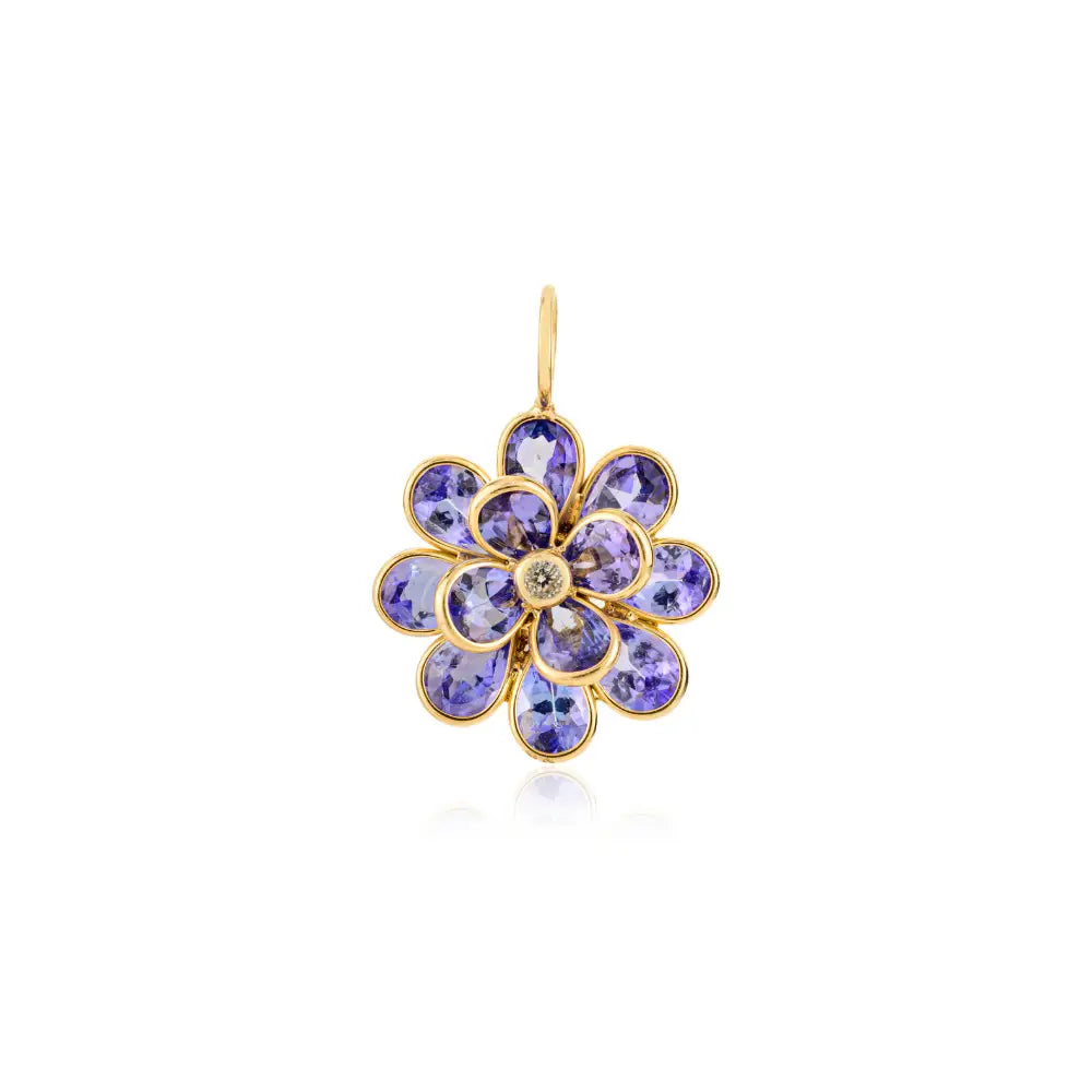 Bezel Set Tanzanite & Diamond K18 Real Yellow Gold Flower Shape Pendant Elegant Jewelry