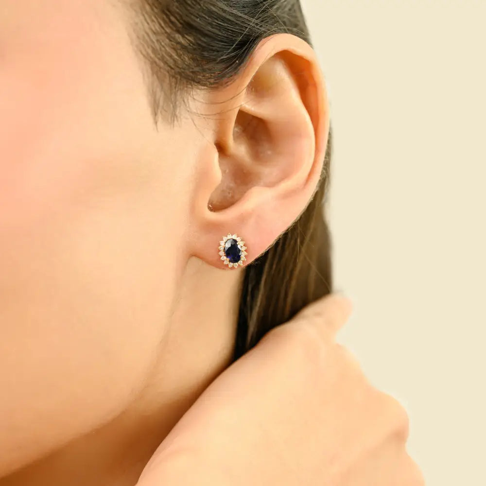Blue Sapphire & Diamond Prong Setting Cluster Stud Earrings 14K Yellow Gold Minimal Jewelry