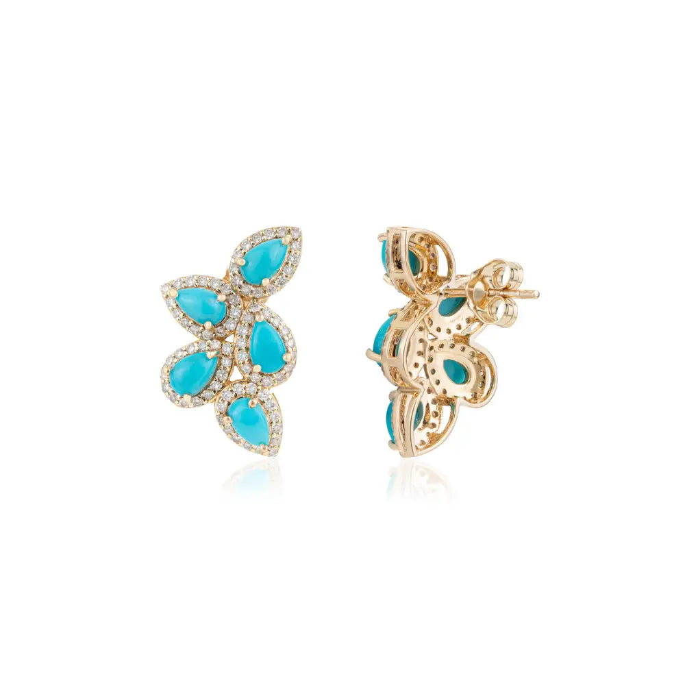 Unique Design Turquoise & Diamond Wings Shape Statement Stud Earrings K14 Real Gold Jewelry