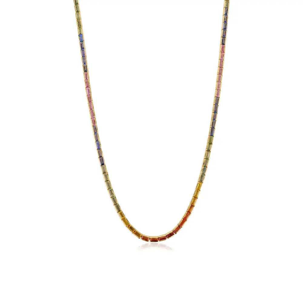 Colorful Gemstone Multi Sapphire Half Bezel Set Stack Tennis Necklace Real K14 Yellow Gold
