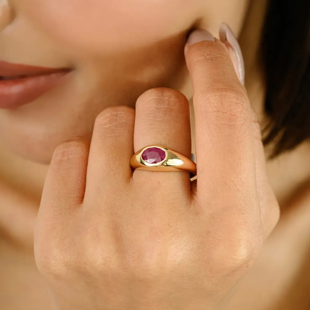 Best Selling Products 14K Real Yellow Gold Ruby Gypsy Set Signet Ring Trending Jewelry