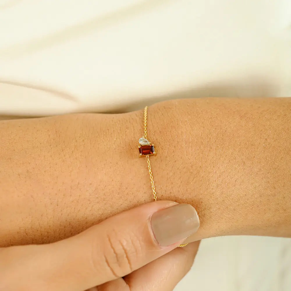5x3mm Baguette Cut Garnet & Diamond Dainty Toi et Moi Bracelet 14K Real Yellow Gold Jewelry