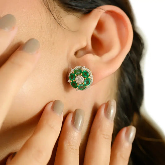 Flower Inspired Emerald & Diamond Statement Stud Earrings Fine 18K Yellow Gold Jewelry