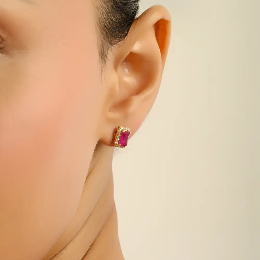 100% Authentic Ruby & Diamond Fine 18K Yellow Gold Halo Cluster Stud Earrings For Mom