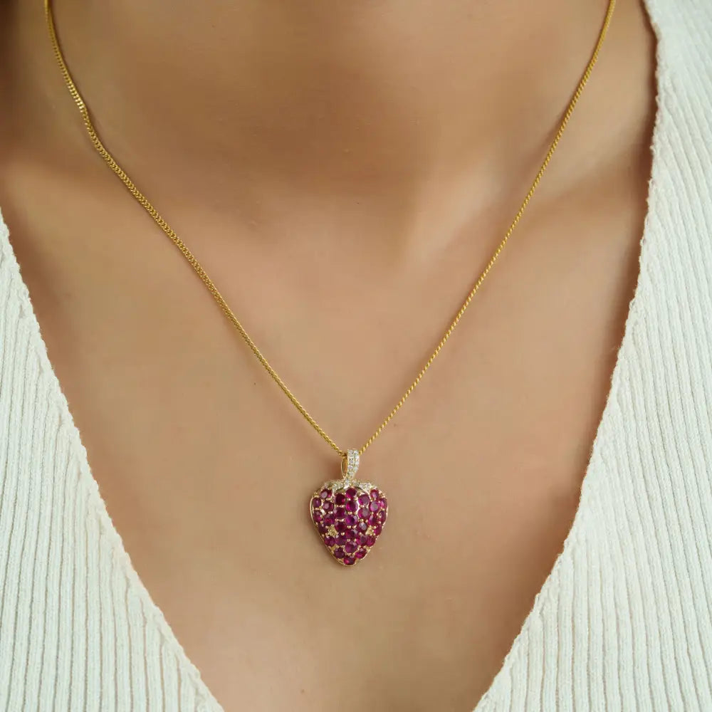 Unique Design Full Pave Set Ruby & Diamond Strawberry Pendant 14K Real Yellow Gold Jewelry