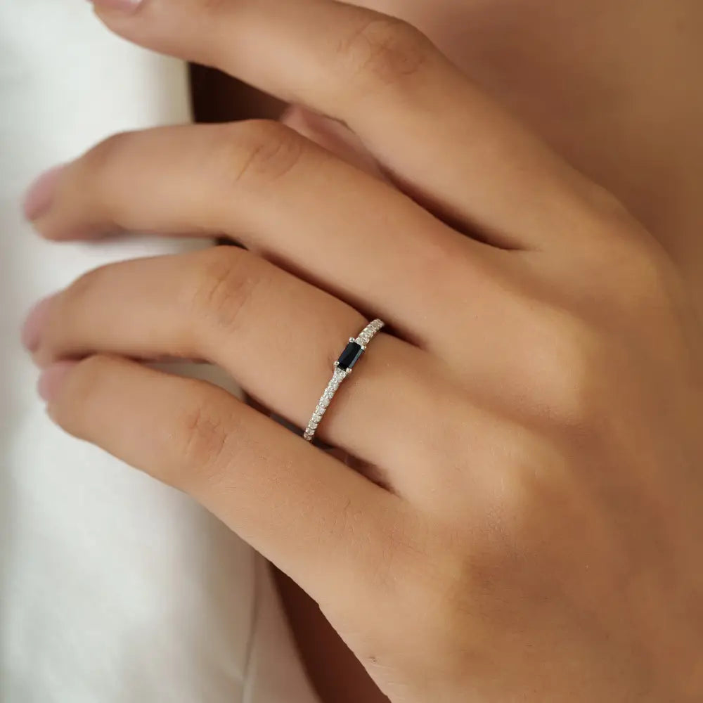 Minimalist Blue Sapphire & Diamond K14 Solid White Gold Stacking Band Ring Everyday Jewelry