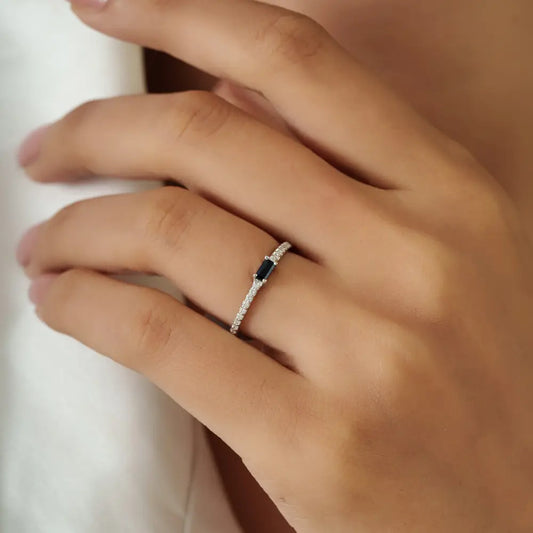 Minimalist Blue Sapphire & Diamond K14 Solid White Gold Stacking Band Ring Everyday Jewelry