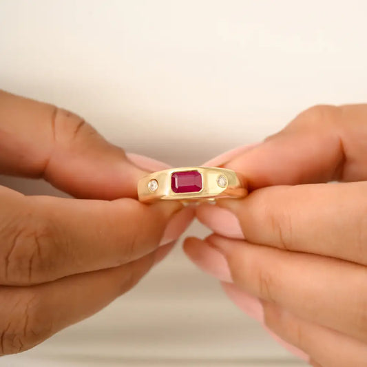 14K Yellow Gold Ruby & Diamond Chunky Gypsy Ring Latest New Design Anniversary Gift