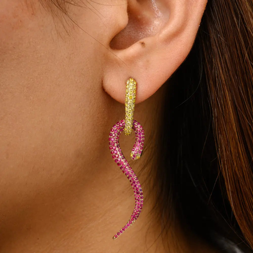 July Birthstone Natural Ruby & Diamond 18K Yellow Gold Snake Dangle Earrings