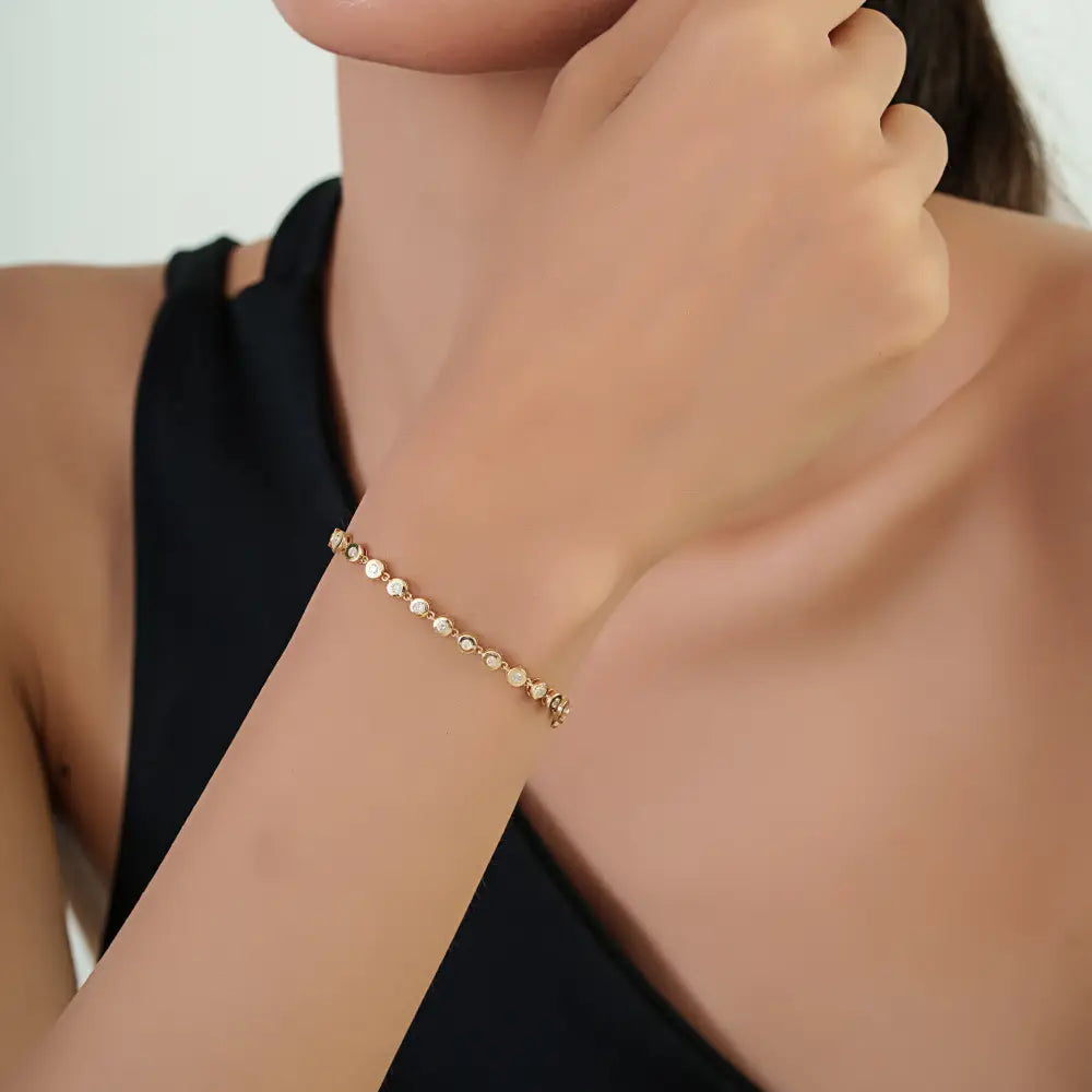 Round Cut Diamond Bezel Set Solid 14K Yellow Gold Bubble Stackable Bracelet For Unisex