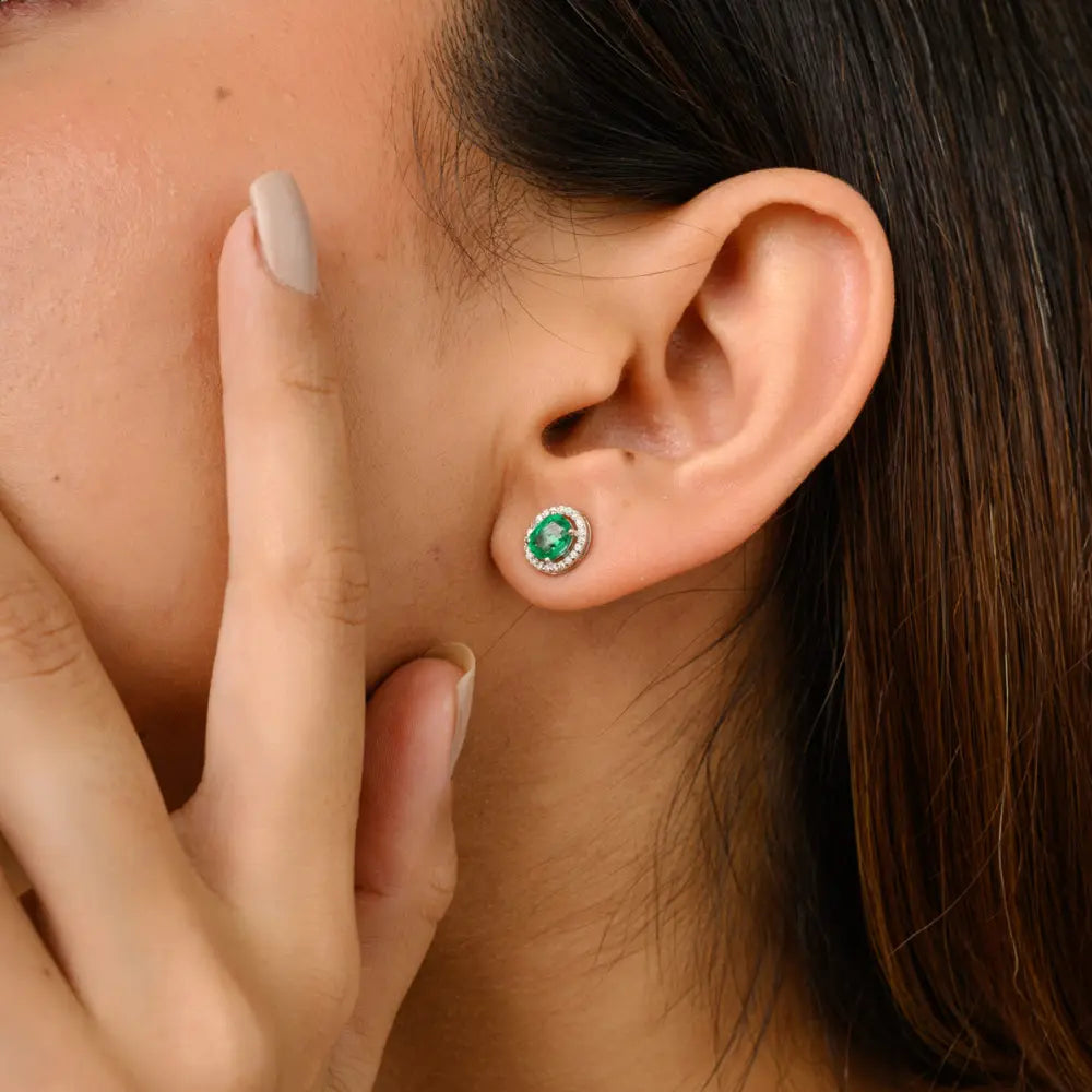 100% Natural Emerald & Diamond Sold White Gold 14K Stud Earrings