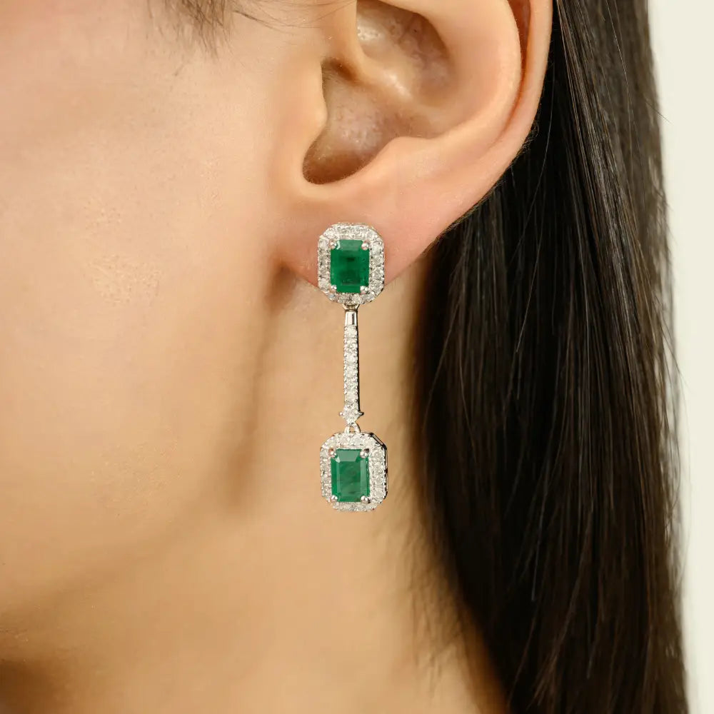 Trending Zambian Emerald & Diamond Dangle Earrings Handmade Jewelry 14K White Gold