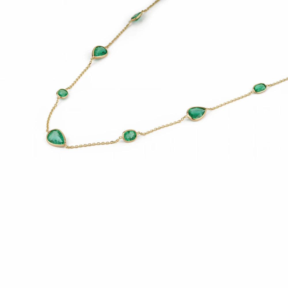 Bezel Set Emerald Gemstone Station Chain Necklace 14K Real Yellow Gold Stacking Jewelry Manufacturer
