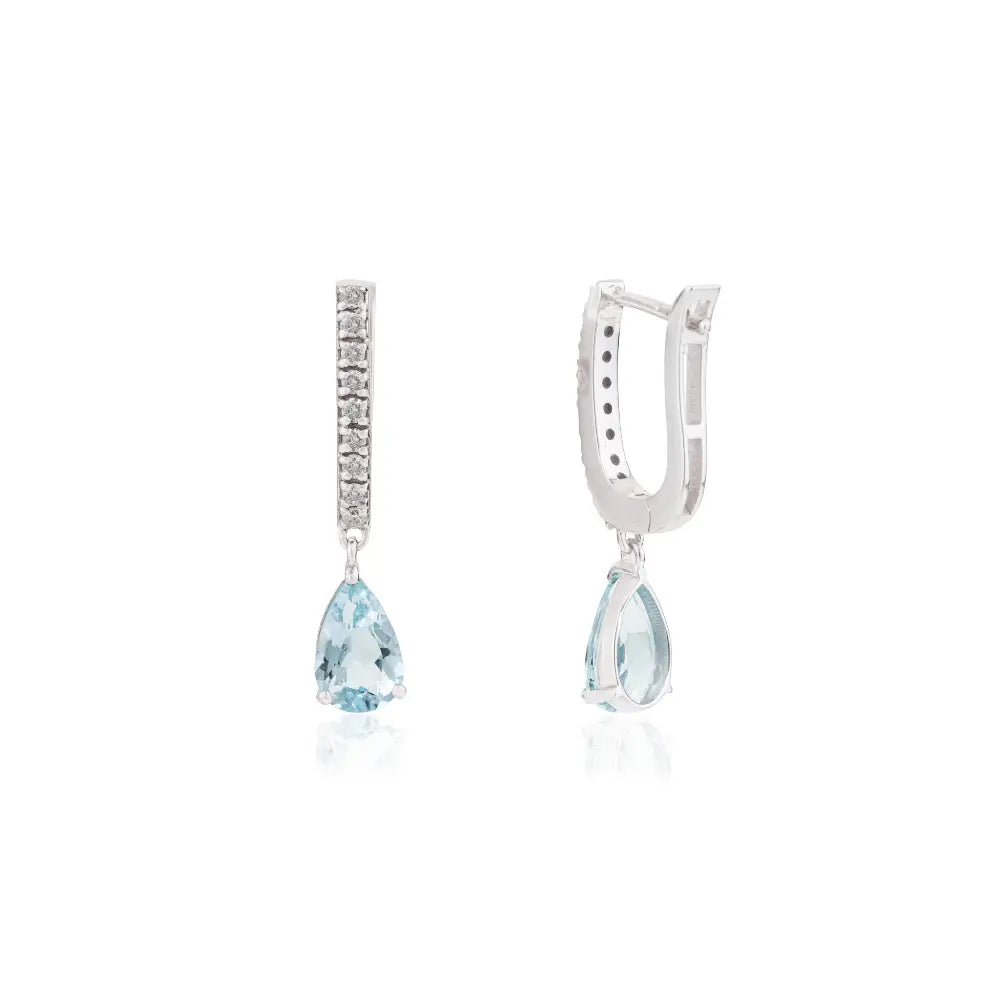 Pear Shape Aquamarine & Diamond Small Hoop Charm Earrings Letch Back 14K White Gold