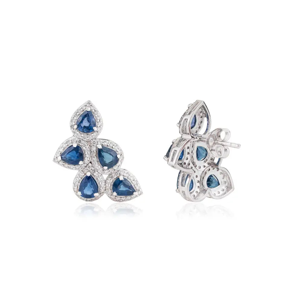 Unique Design Blue Sapphire & Diamond 14K Solid White Gold Wings Shape Halo Stud Earrings