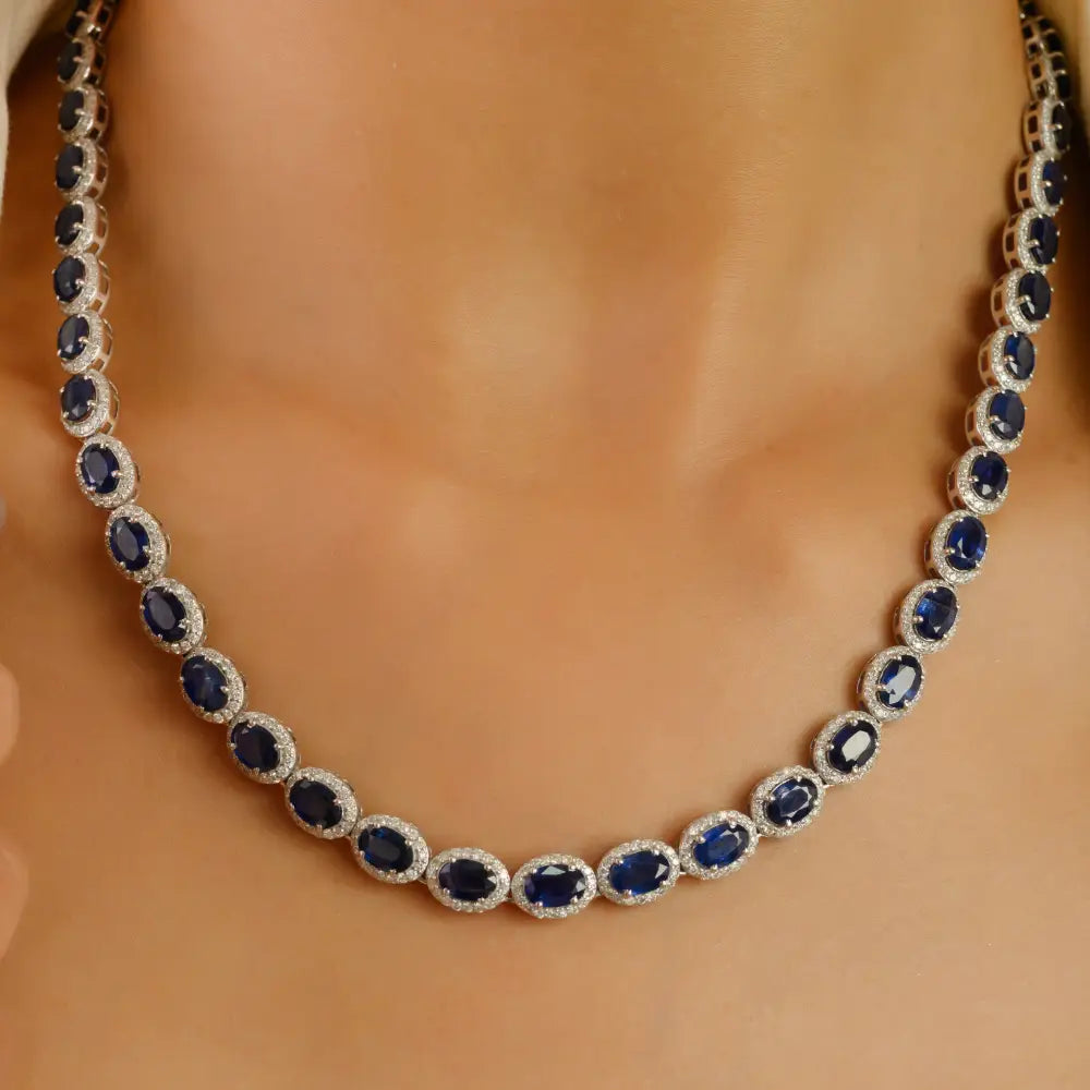 Exclusive Jewelry Statement Blue Sapphire & Diamond 14K White Gold Halo Tennis Necklace