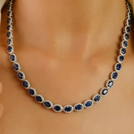 Exclusive Jewelry Statement Blue Sapphire & Diamond 14K White Gold Halo Tennis Necklace