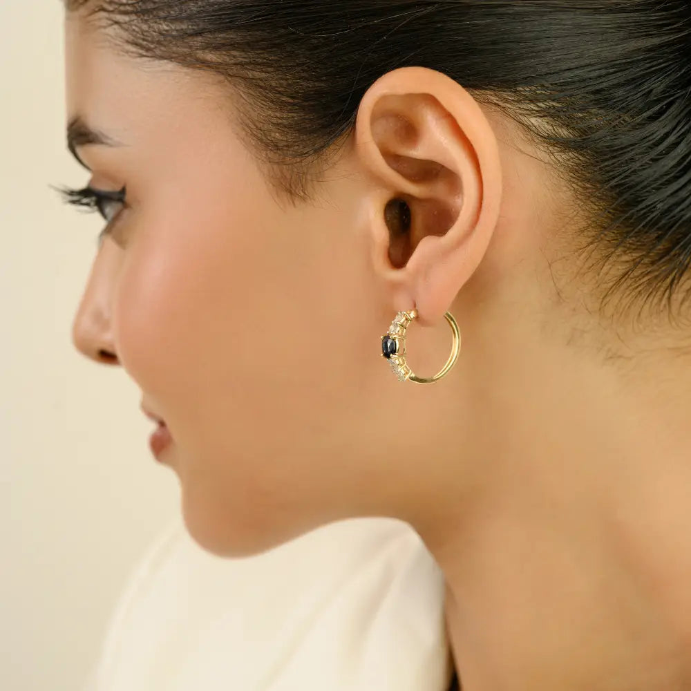 K14 Yellow Gold Cushion Shape Blue Sapphire & Diamond Hoop Earrings Women Gift Jewelry