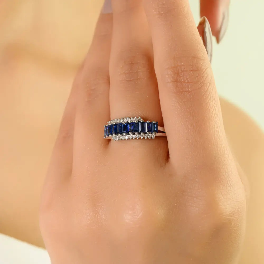 14K White Gold Blue Sapphire & Diamond Statement Zig Zag Ring Wholesale Designer Jewelry