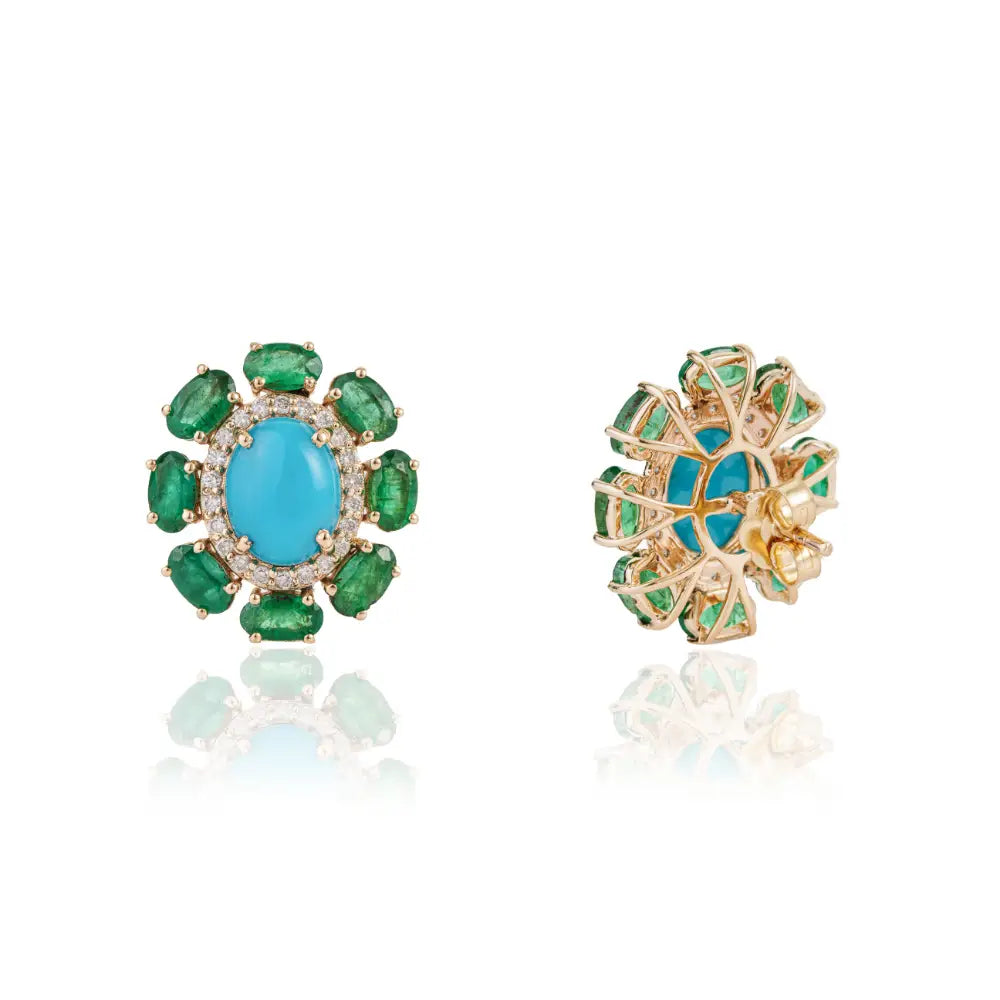 Floral Inspired Solid K14 Yellow Gold Emerald Turquoise & Diamond Statement Stud Earrings