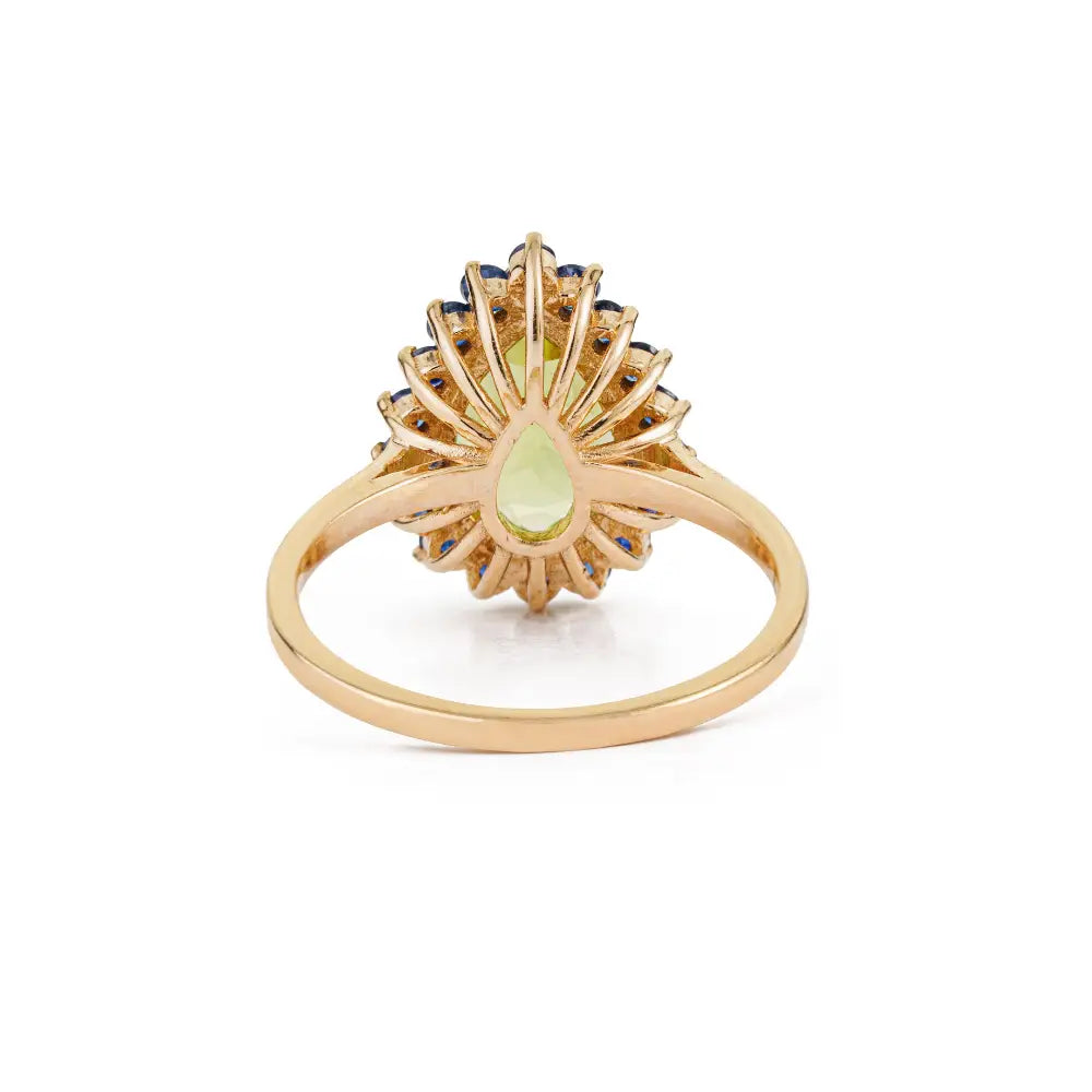 100% Natural Blue Sapphire & Peridot Real 18K Yellow Gold Pear Shape Cluster Ring