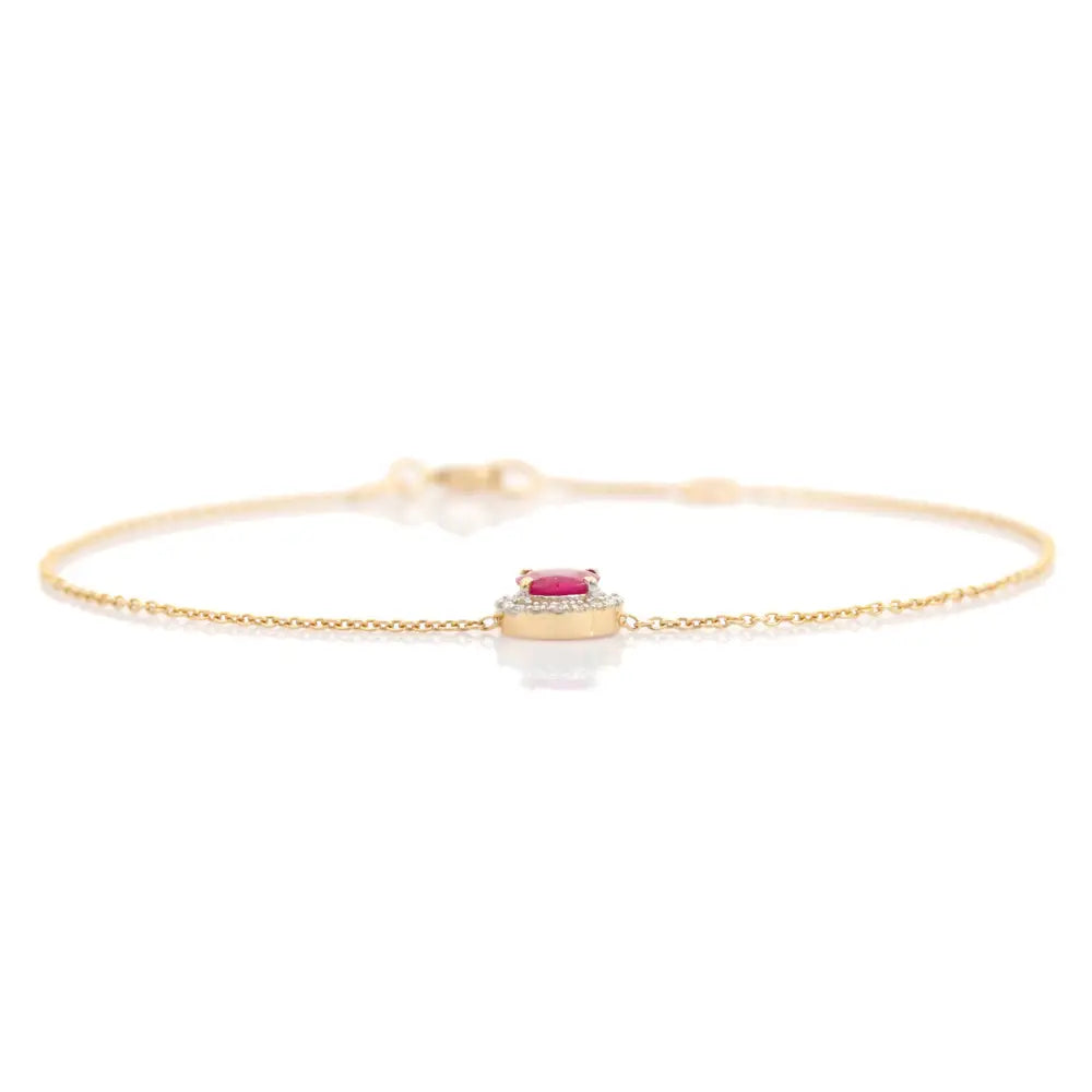 Stunning Precious Gemstone Ruby & Diamond 14K Yellow Gold Solitaire Halo Bracelet Women