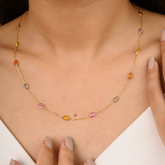 Custom Jewelry Natural Multi Sapphire 18K Fine Yellow Gold Long Chain Necklace