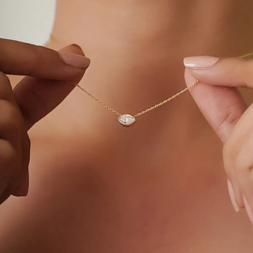 Marquise Cut Diamond Solitaire Pendant Necklace Pure K14 Yellow Gold Stacking Jewelry