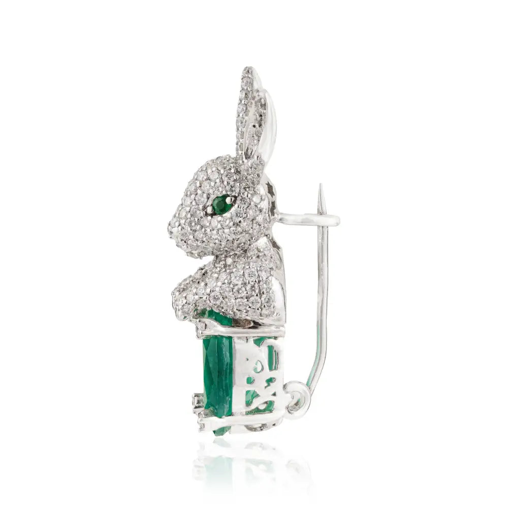 Unique Design Handmade Emerald & Diamond 14K White Gold Bunny Rabbit Brooch For Men