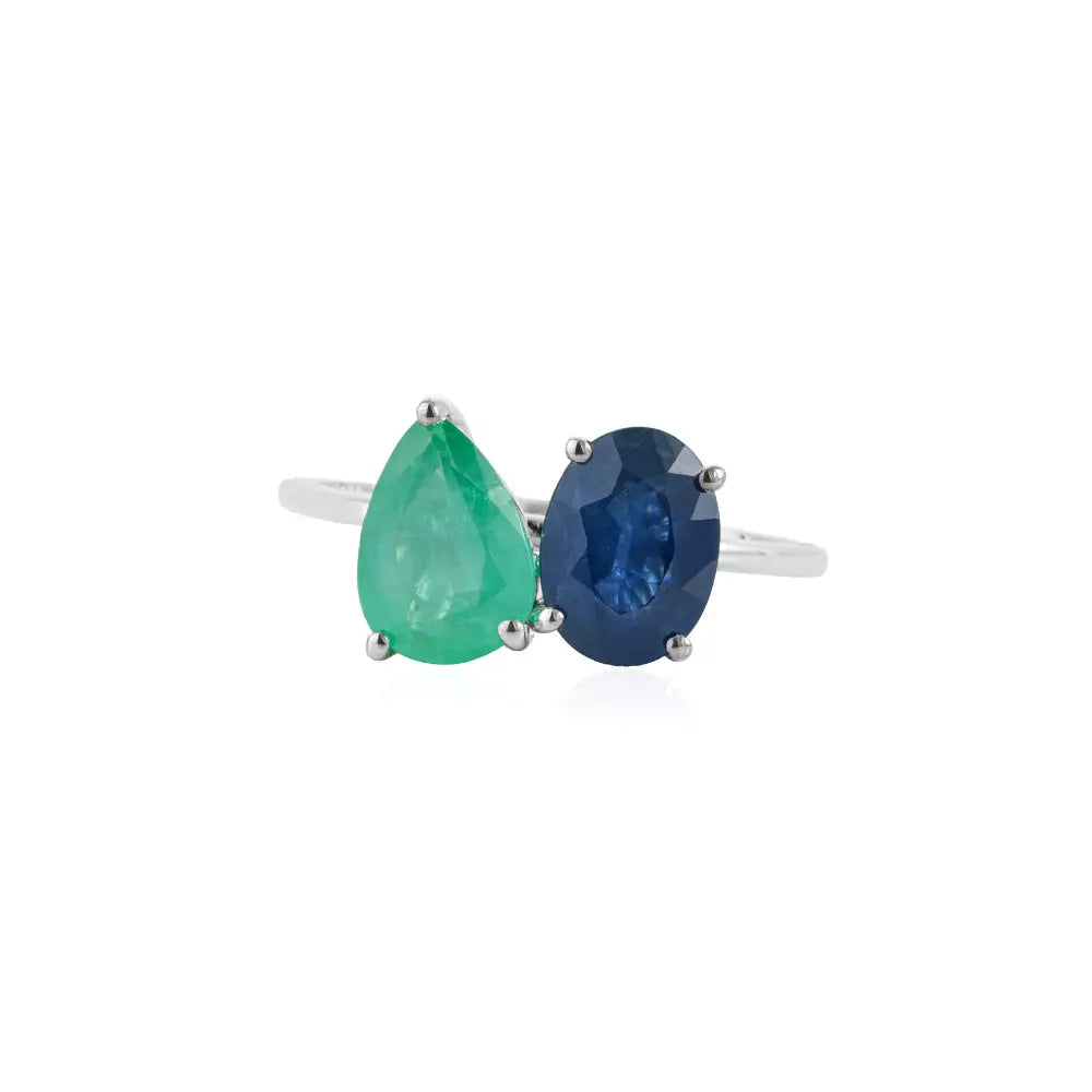 Real K14 White Gold Precious Gemstone Emerald & Blue Sapphire Toi et Moi Stackable Ring