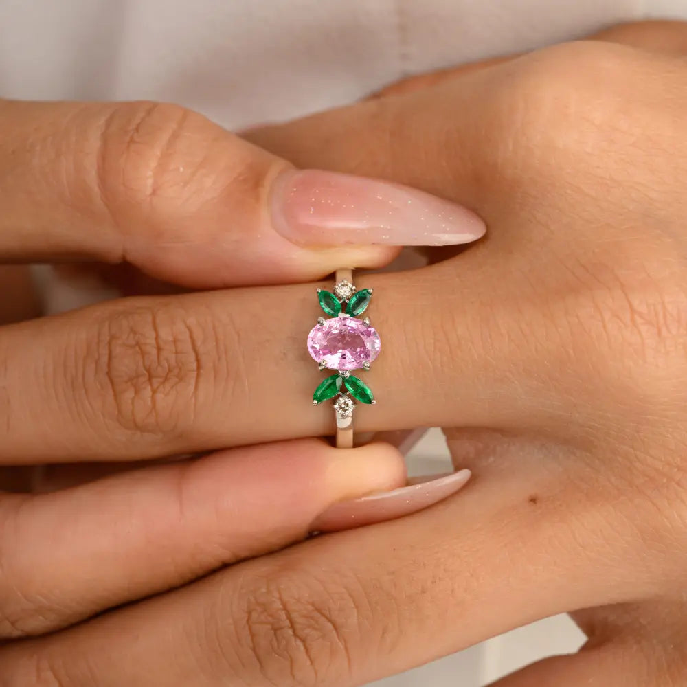 Emerald, Pink Sapphire & Diamond 14K Solid White Gold Ring Birthstone Jewelry