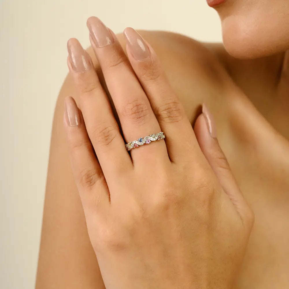 Colorful Multi Sapphire & Diamond 14K White Gold Wavy Design Half Eternity Band Ring Unisex