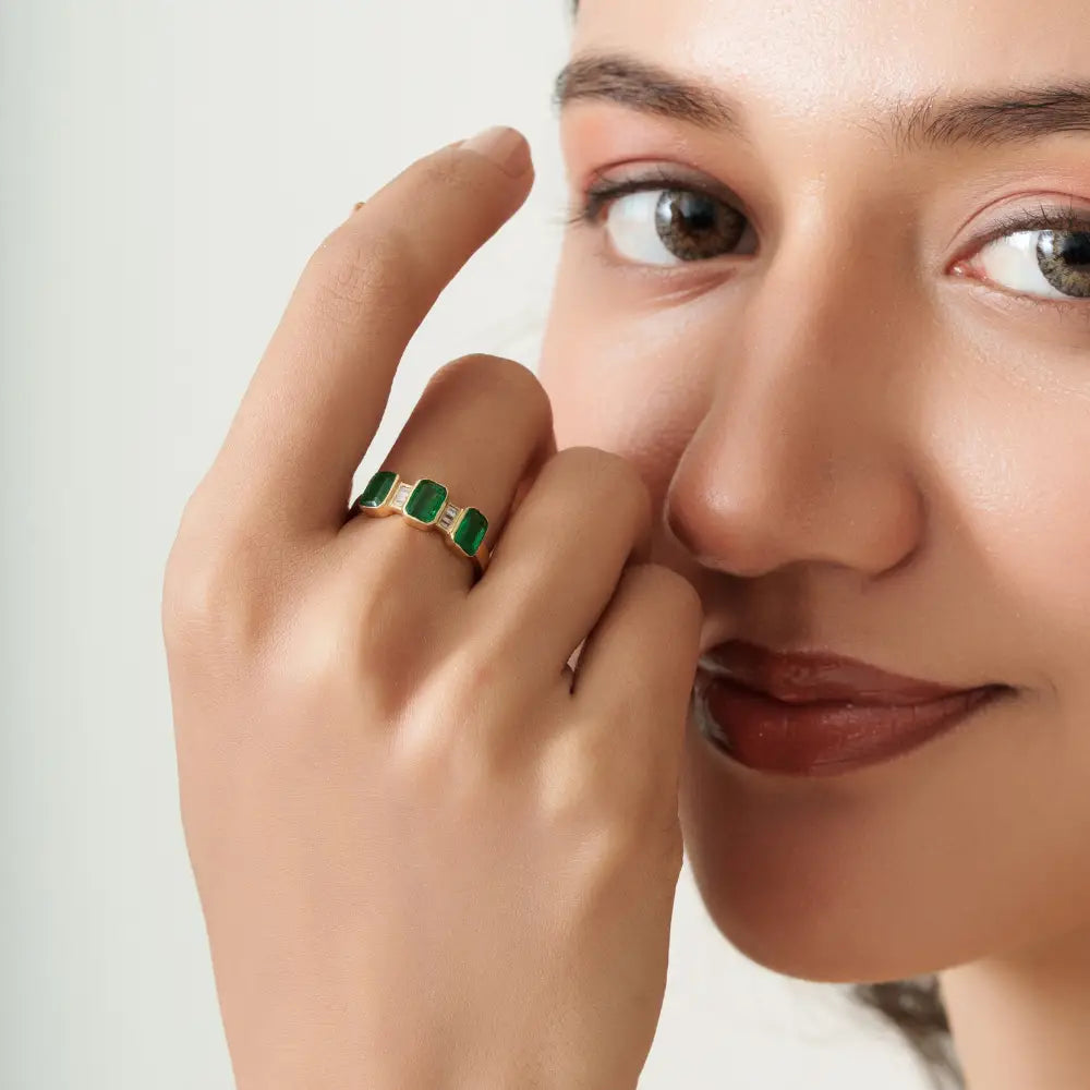 May Birthstone Natural Emerald & Diamond 14K Yellow Gold Three Stone Stackable Ring