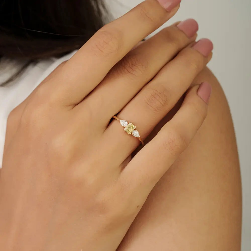 100% Natural Diamond Minimal Engagement Ring Pure K14 Yellow Gold Proposal Jewelry
