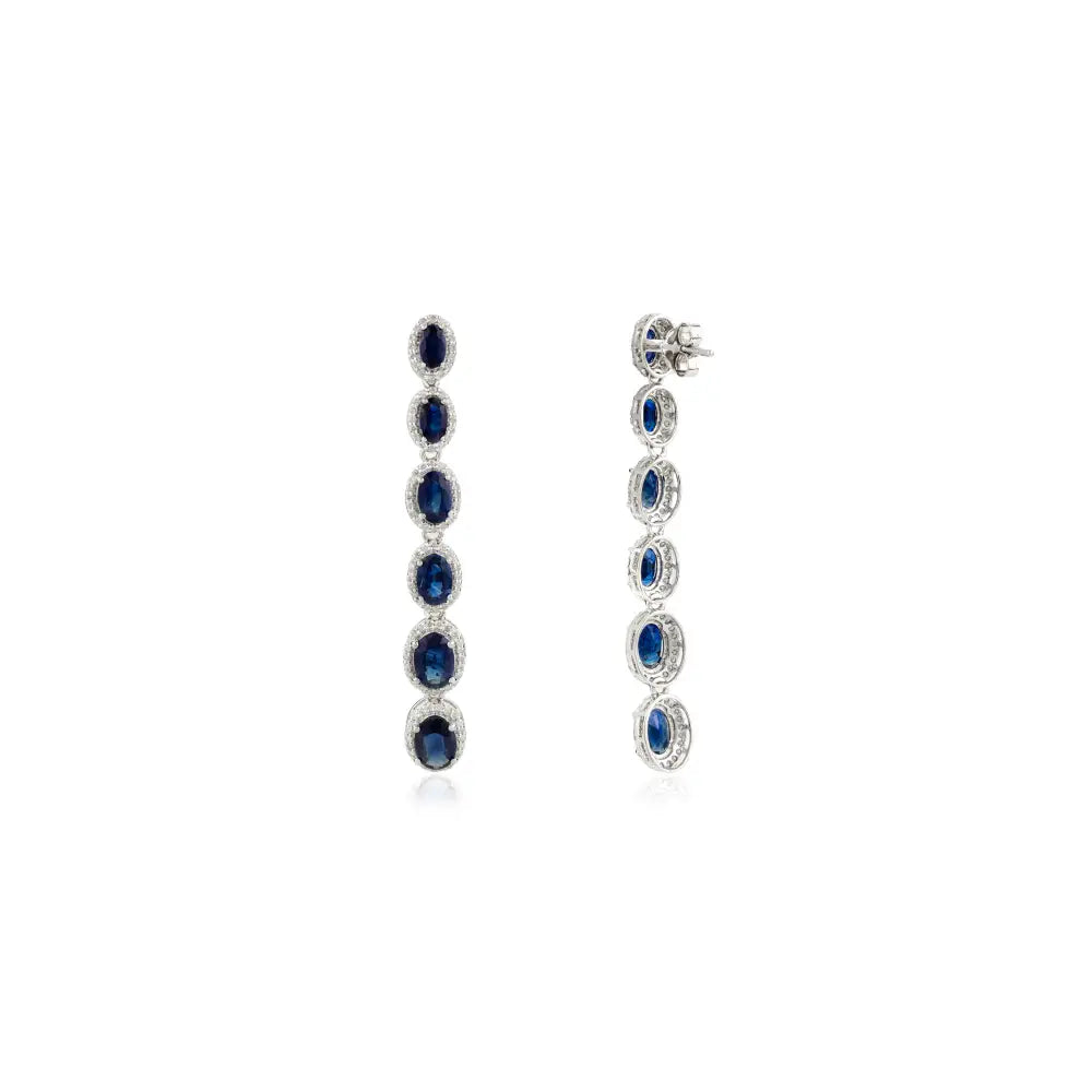 Graduated Set Gemstone Blue Sapphire & Diamond Long Dangle Earrings Real K14 Solid White Gold