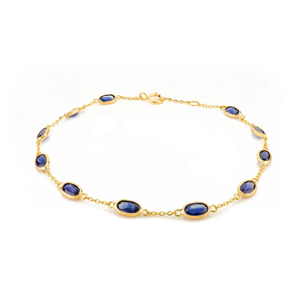 Everyday Wear Genuine Blue Sapphire Stackable Station Bracelet Real K18 Yellow Gold Jewelry