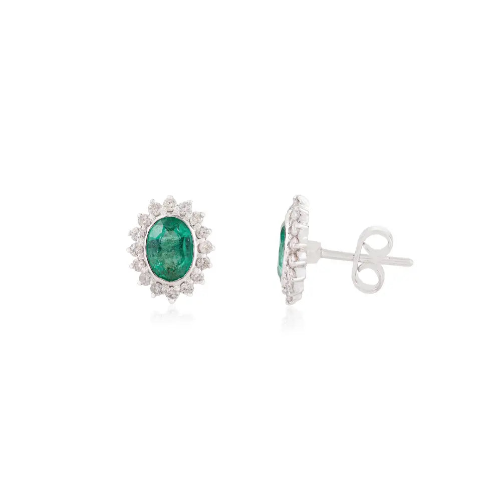 Zambian Emerald & Diamond Women's Cluster Stud Earrings Fine K14 White Gold Jewelry