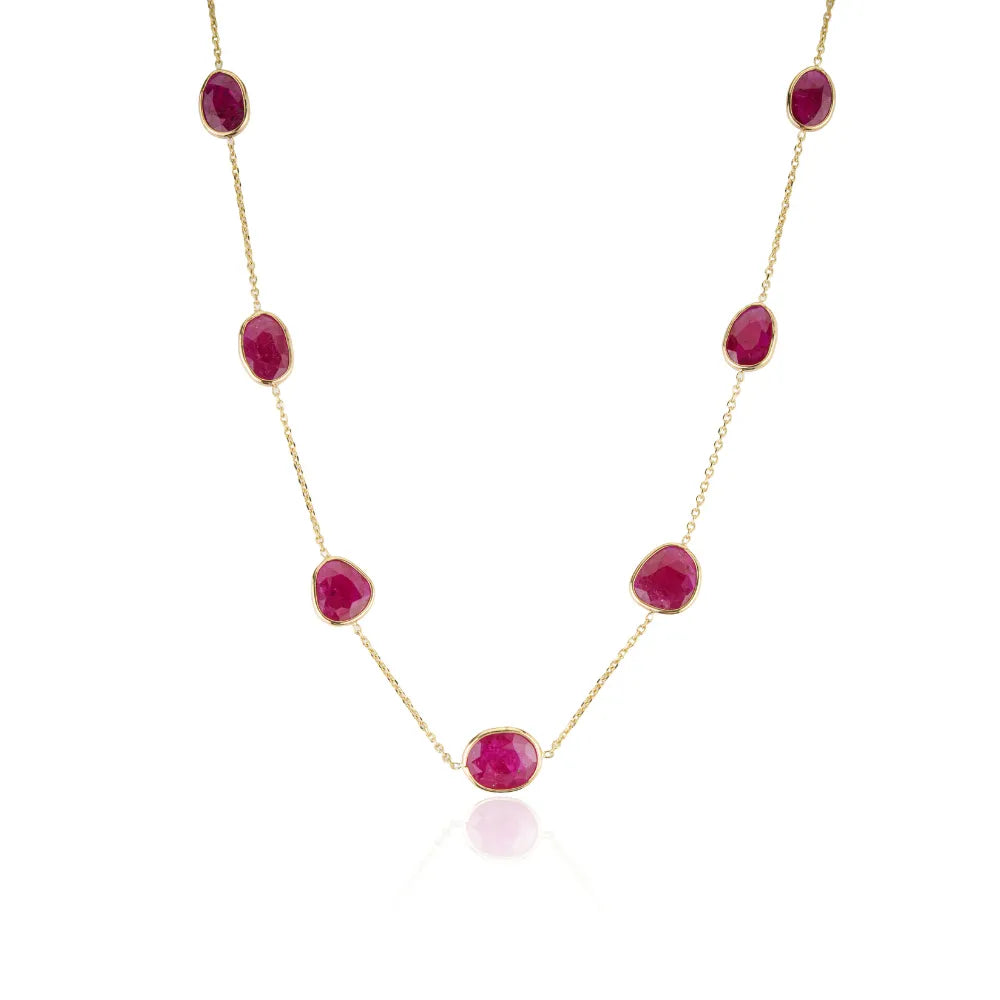 100% Natural Uneven Cut Ruby Gemstone Station Chain Necklace Wholesale 14K Yellow Gold Bulk Jewelry