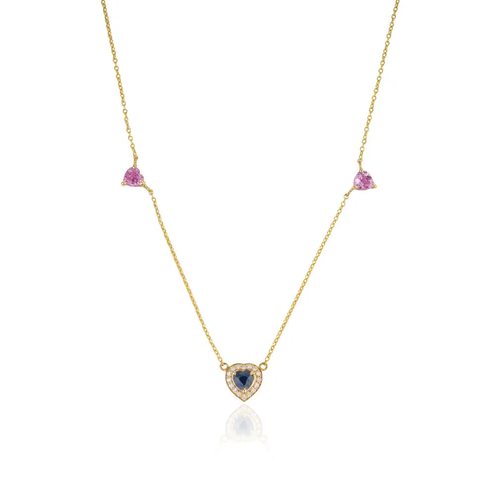 Heart Shape Multi Sapphire & Diamond Elegant Charm Necklace Real K14 Yellow Gold Customized Jewelry