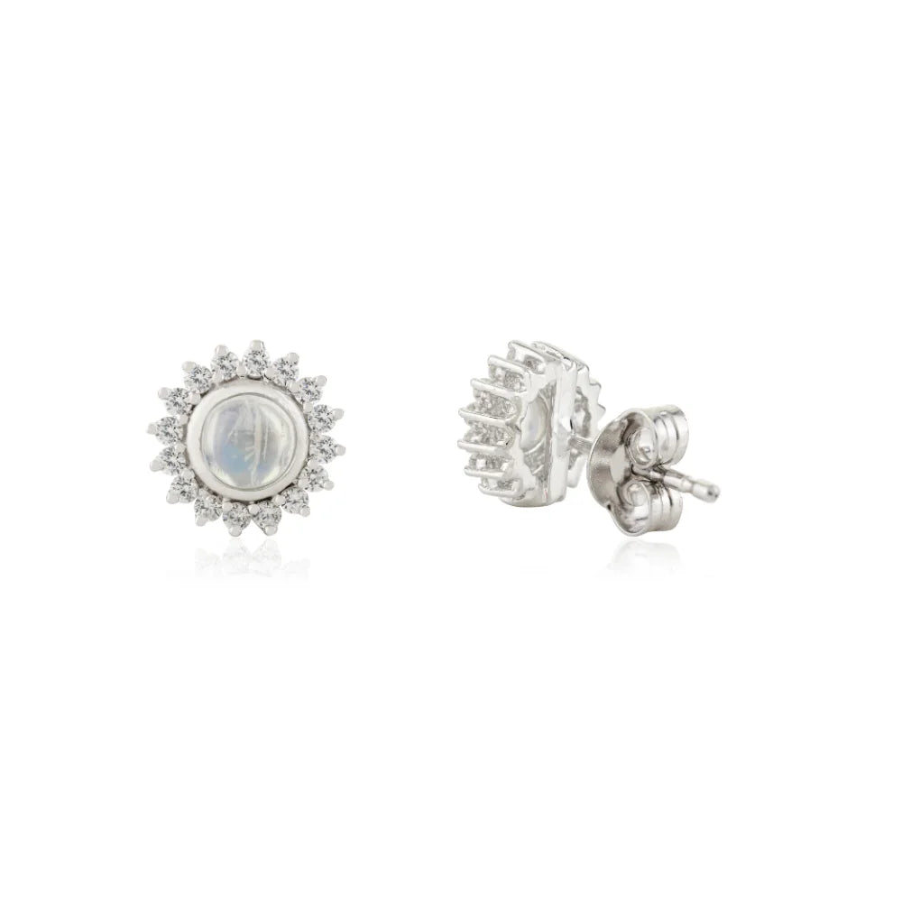 925 Sterling Silver Fine Jewelry Real Moonstone & American Diamond Round Flower Earrings